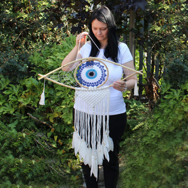 Atrapasueños - Lrg Macramé Ojo Blanco / Azul / Gris - Imagen 2